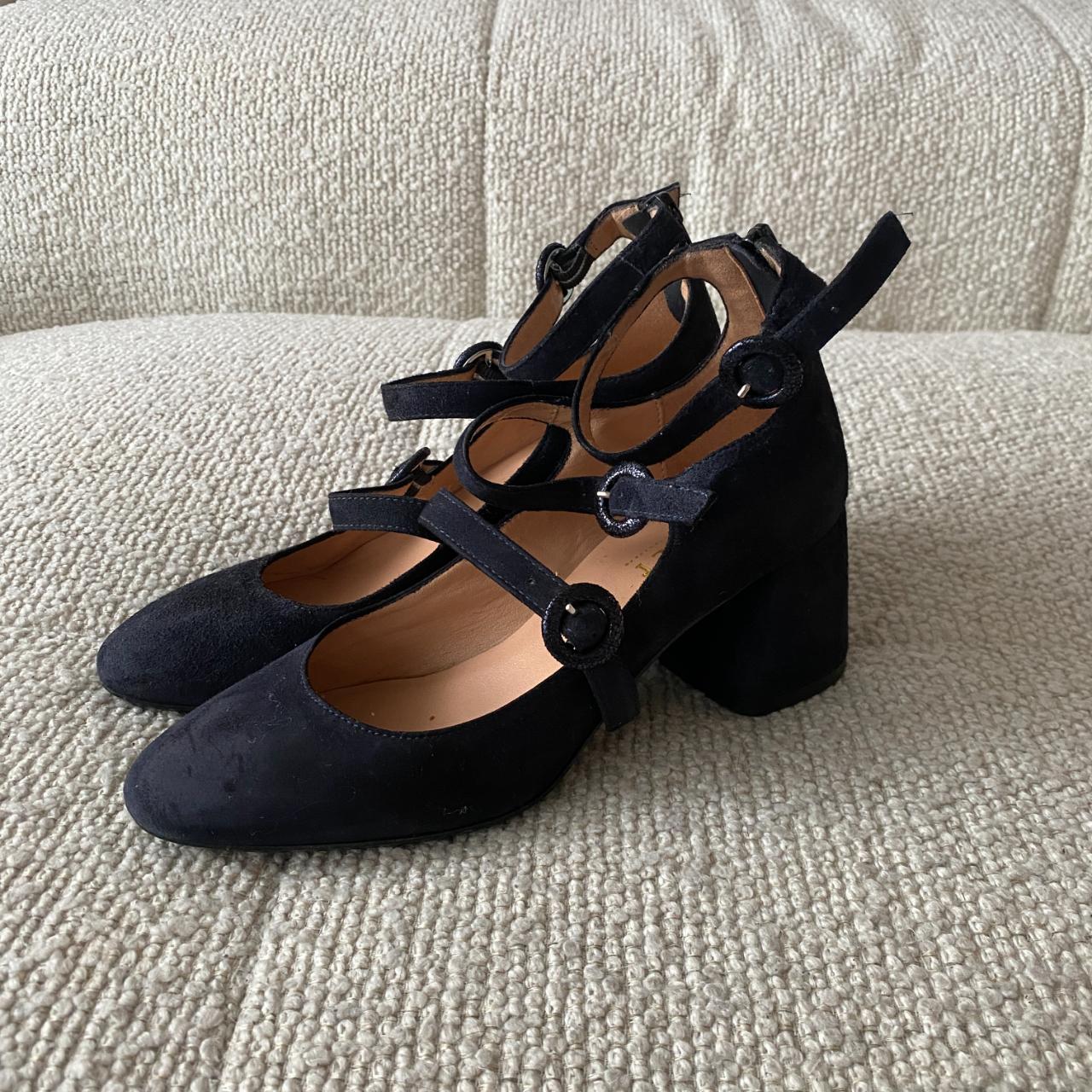 BALLET FLATS Navy suede mary jane triple buckle... - Depop