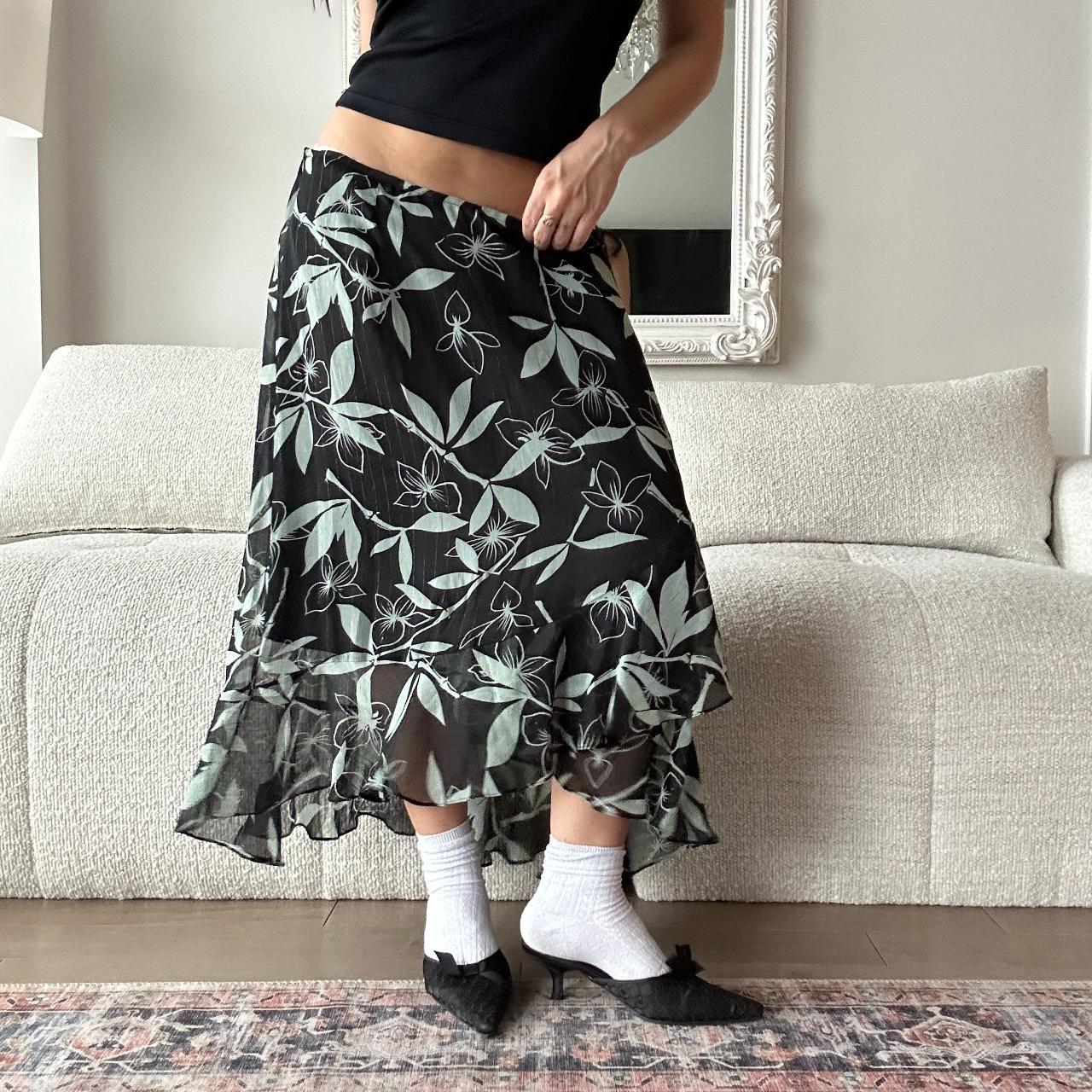 FLORAL MIDI SKIRT Black and mint floral flowy midi... - Depop