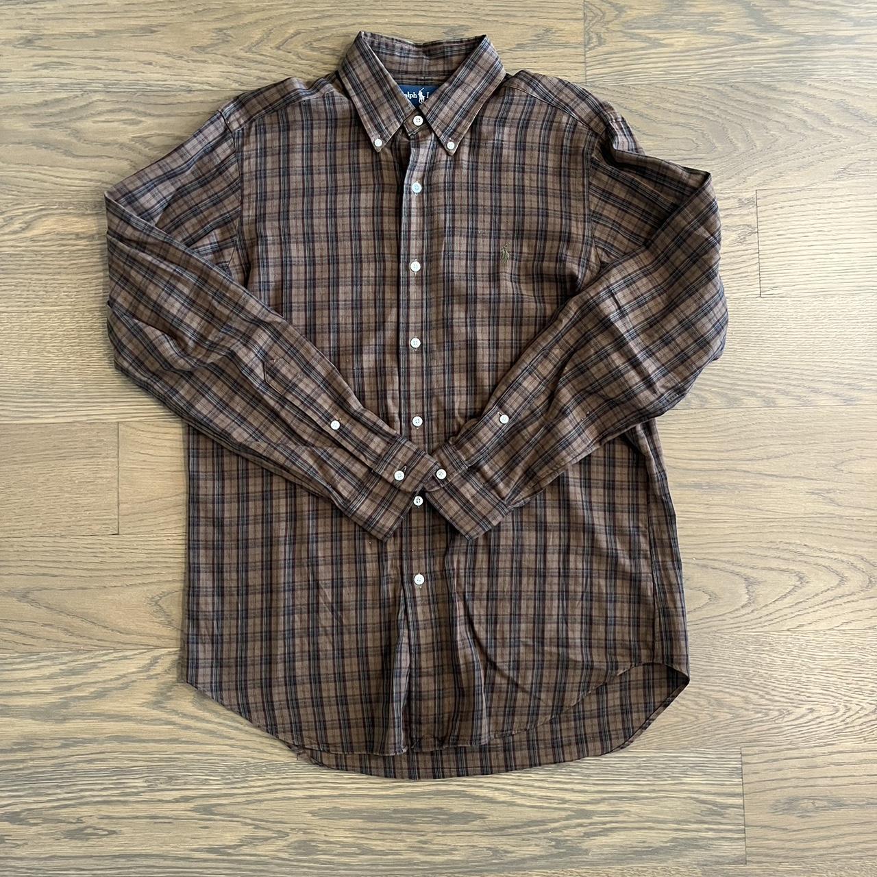 Brown Ralph Lauren Button Up Shirt tagged at M fits... - Depop