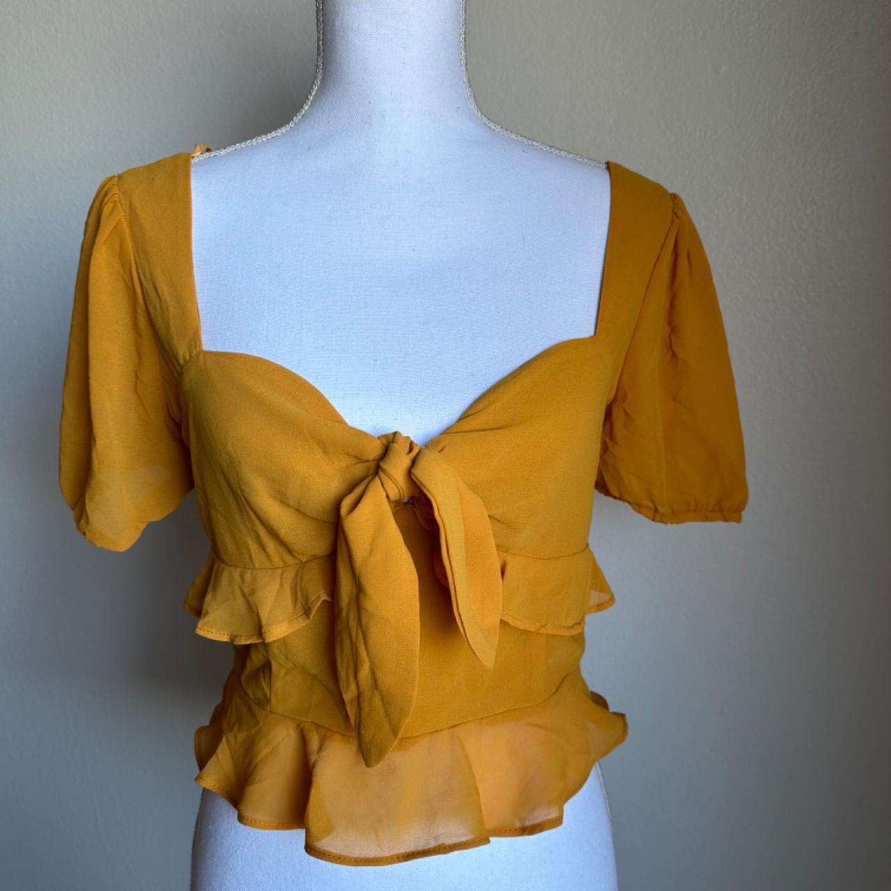 Mustard flowy crop top with stretchy back and zipper... - Depop