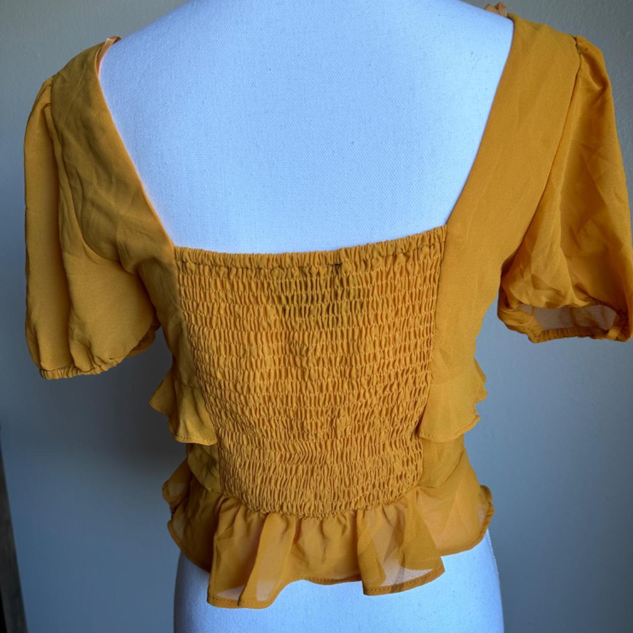 Mustard flowy crop top with stretchy back and zipper... - Depop