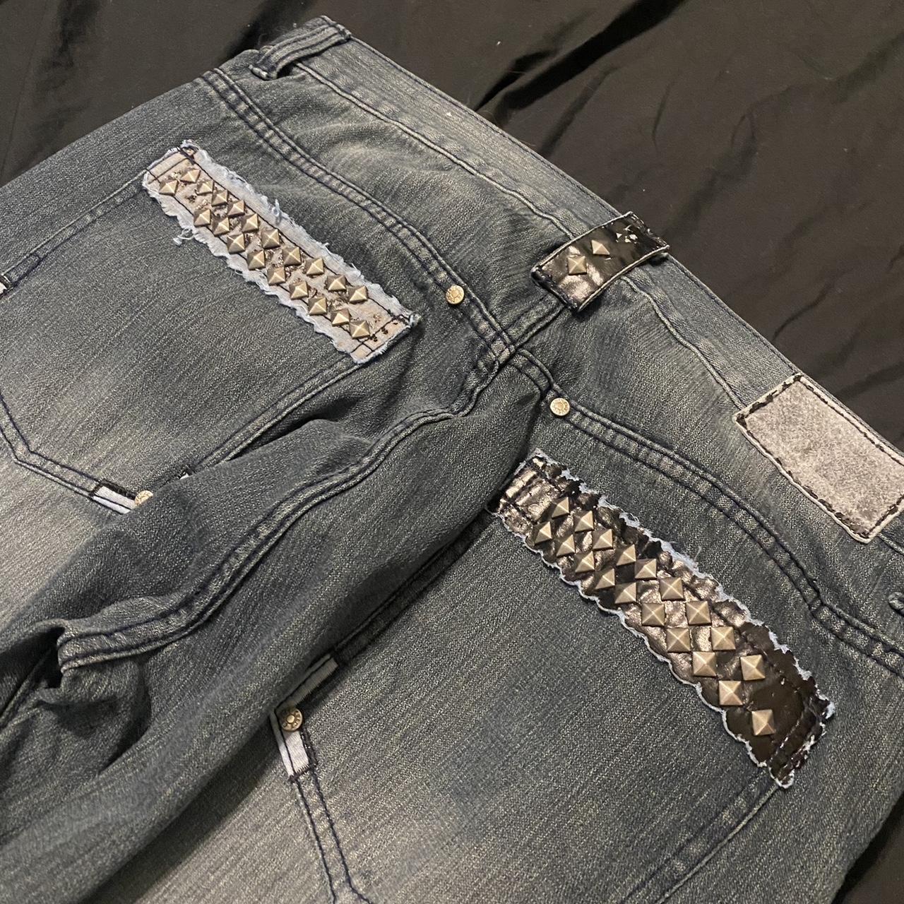 baggy emo dark grunge wash jeans with rhinestone... - Depop