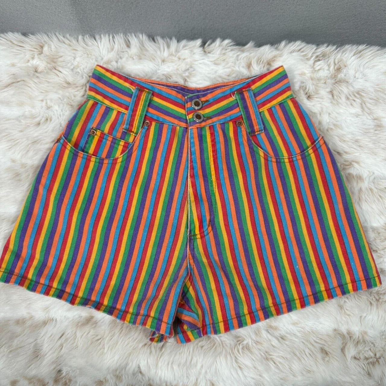 Vintage 90s Rainbow Striped Denim Shorts Steel Jeans... - Depop