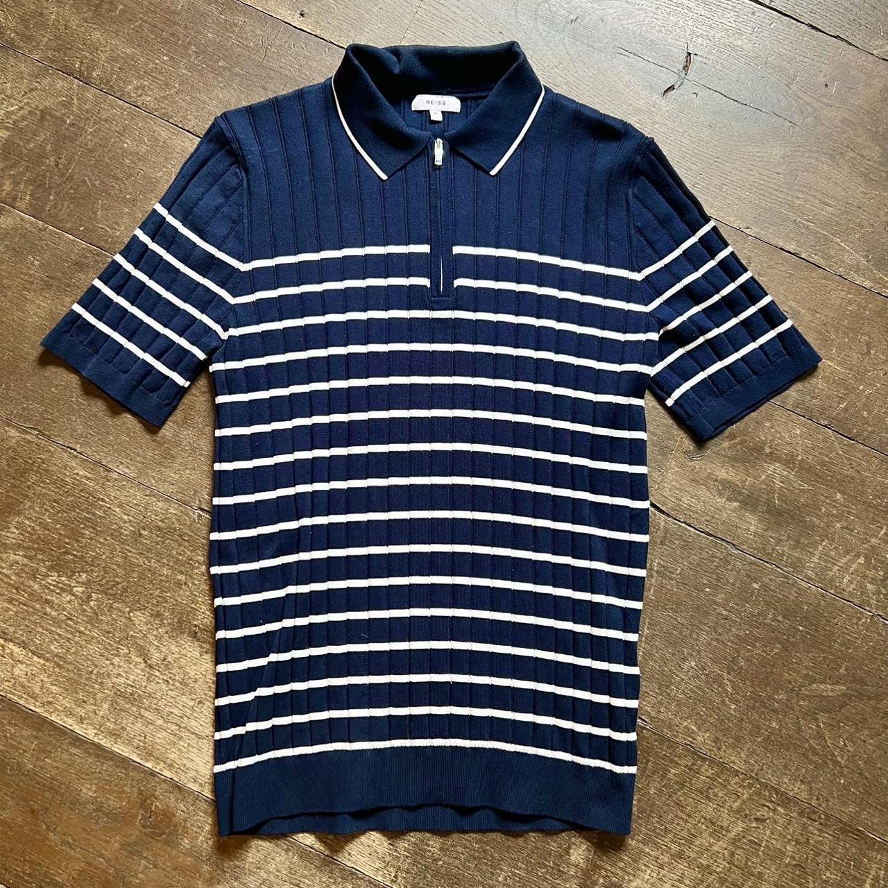 Reiss mens knitted polo in navy with white stripes.... - Depop