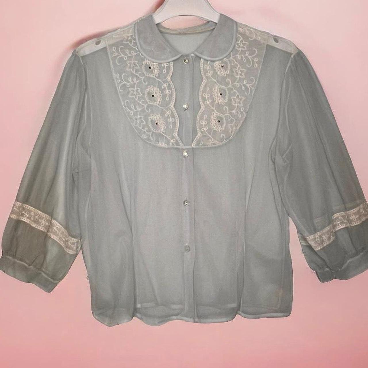 Vintage 40s 50s Sheer Blouse Lace Yoke Rhinestones. Depop