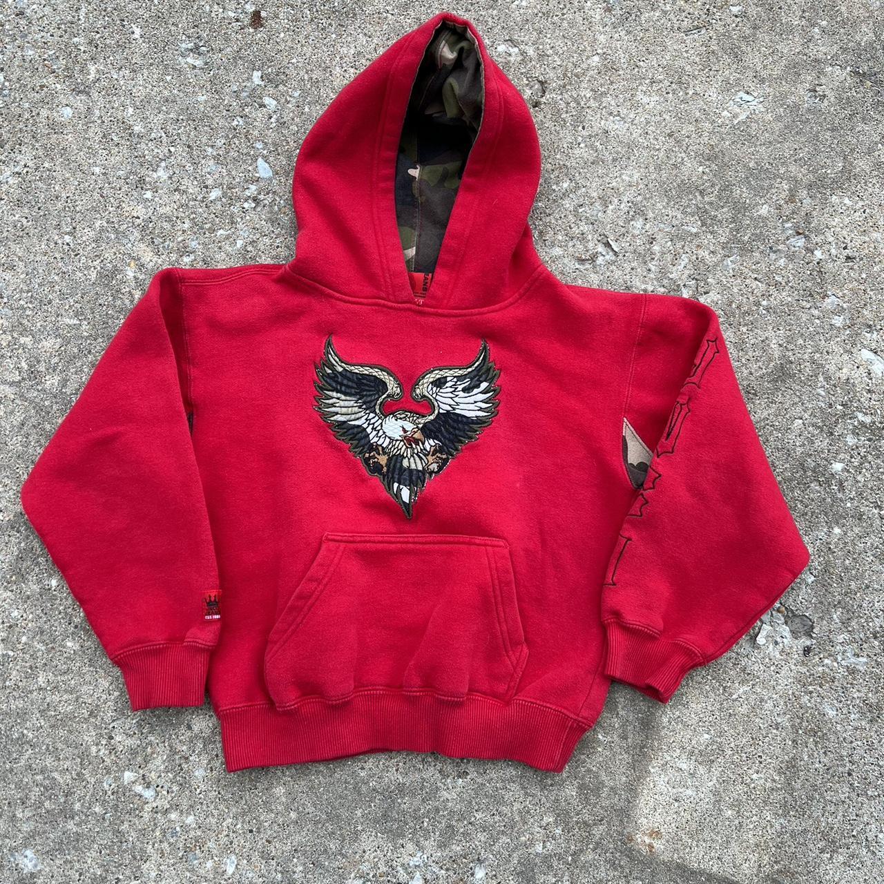 authentic jinco jeans eagle design hoodie in red... - Depop