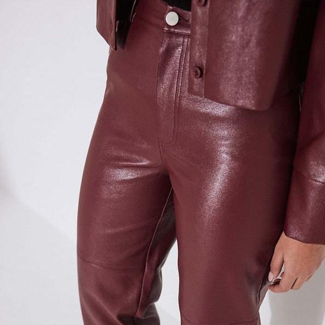 pull and bear faux leather leggings in burgundy. - Depop