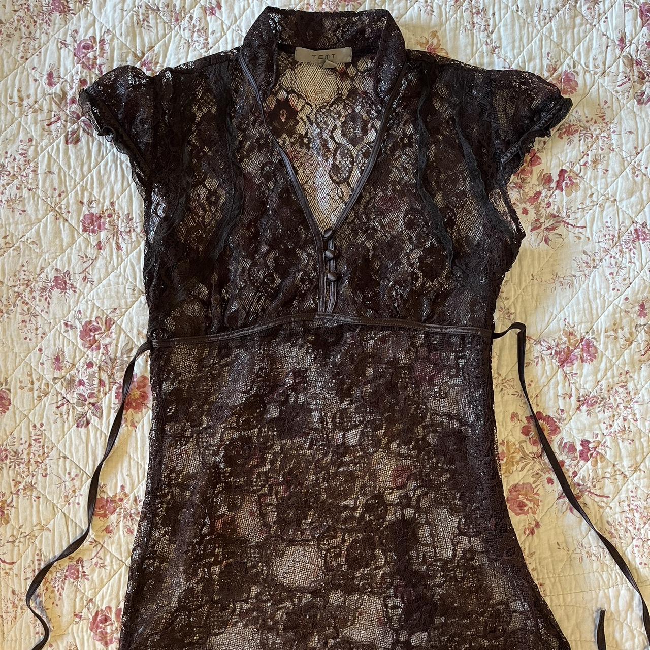 Brown sheer lace blouse top with satin buttons and... - Depop