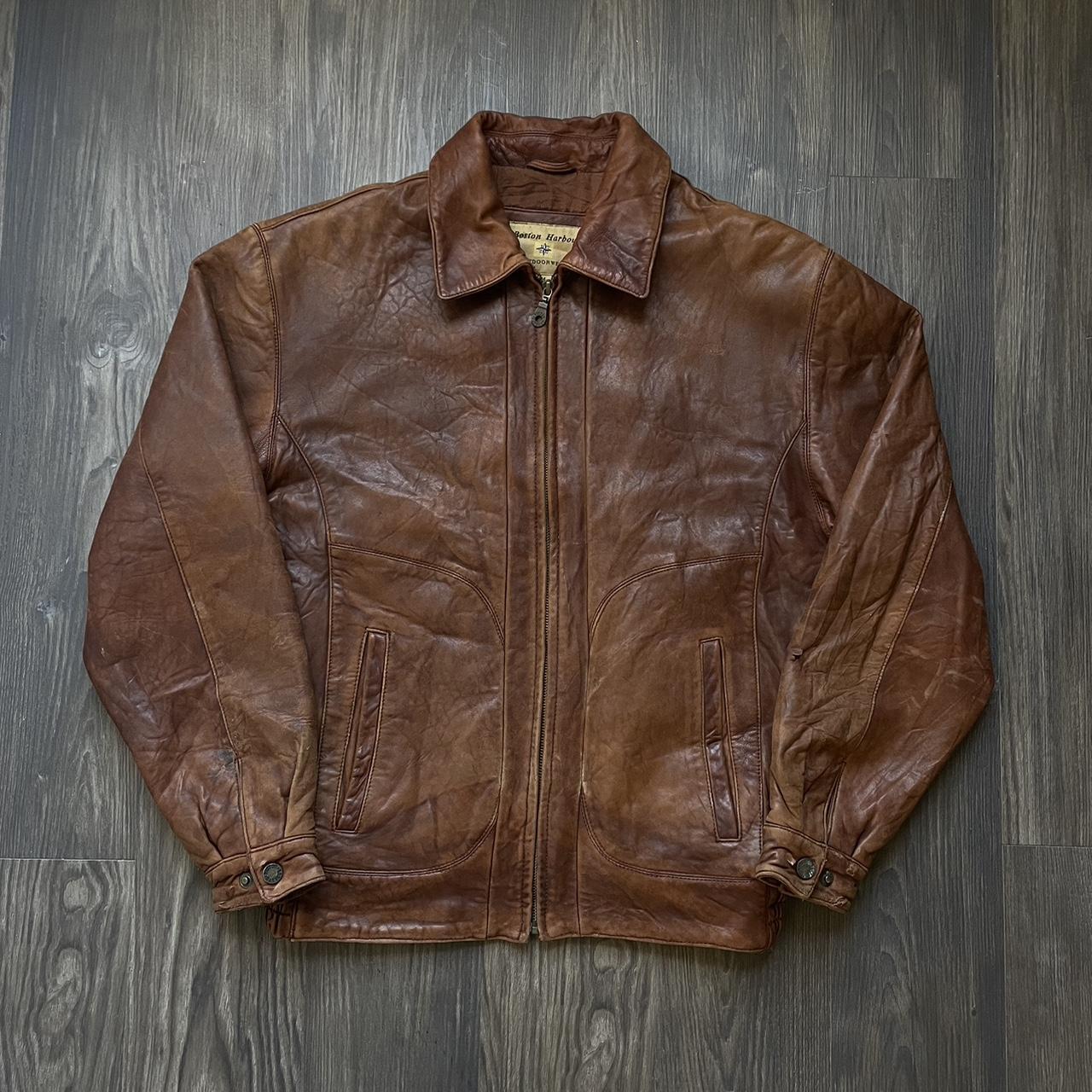90s Boston Harbour Leather Jacket Minor Flaws where... - Depop