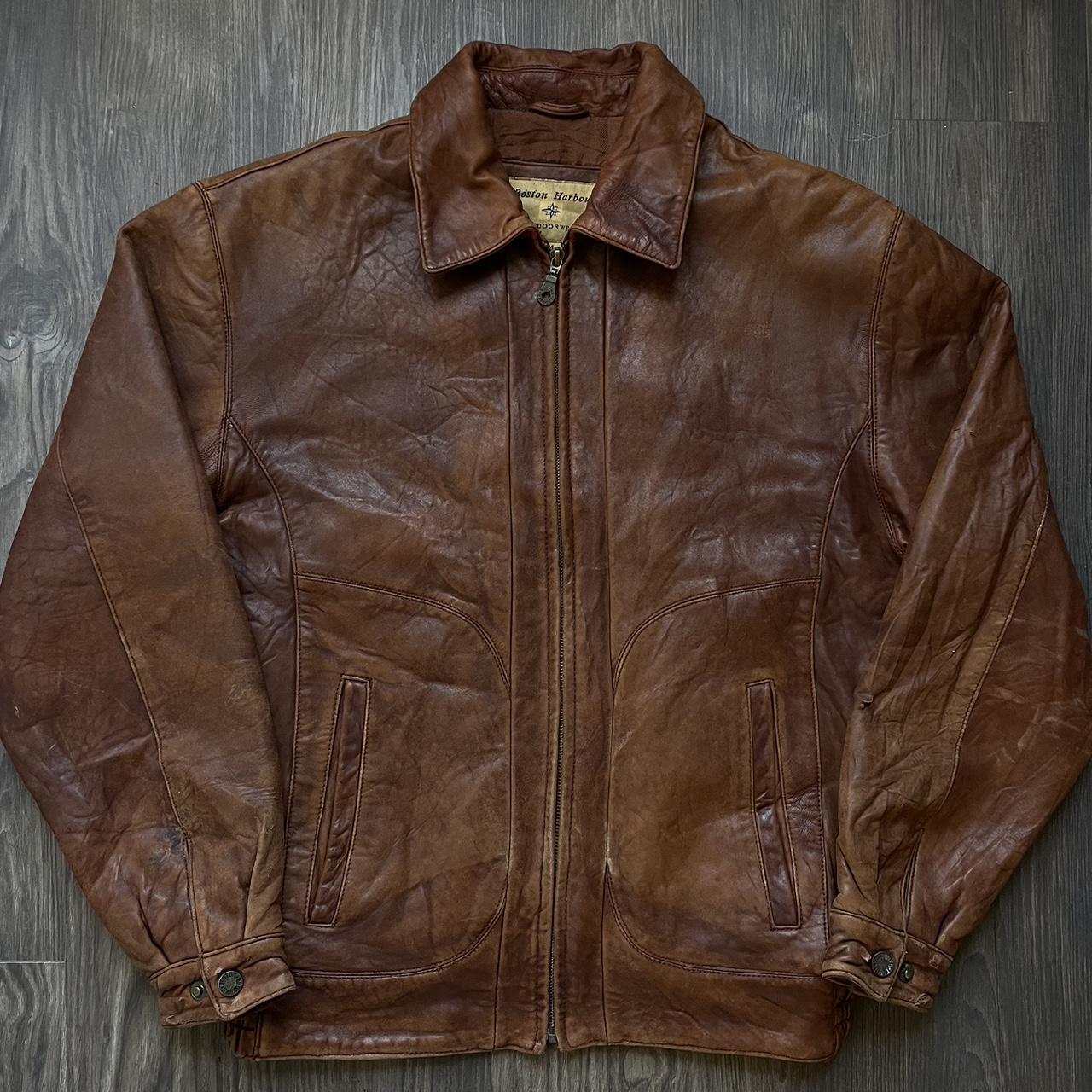 90s Boston Harbour Leather Jacket Minor Flaws where... - Depop