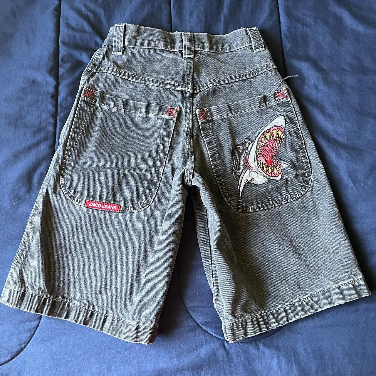 JNCO JEANS SHORTS Dope shark embroidery on back... - Depop