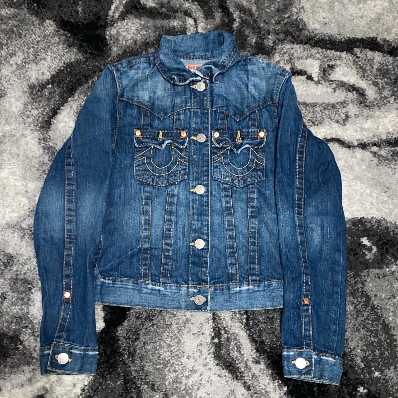 True Religion Women's Blue and Navy Jacket | Depop