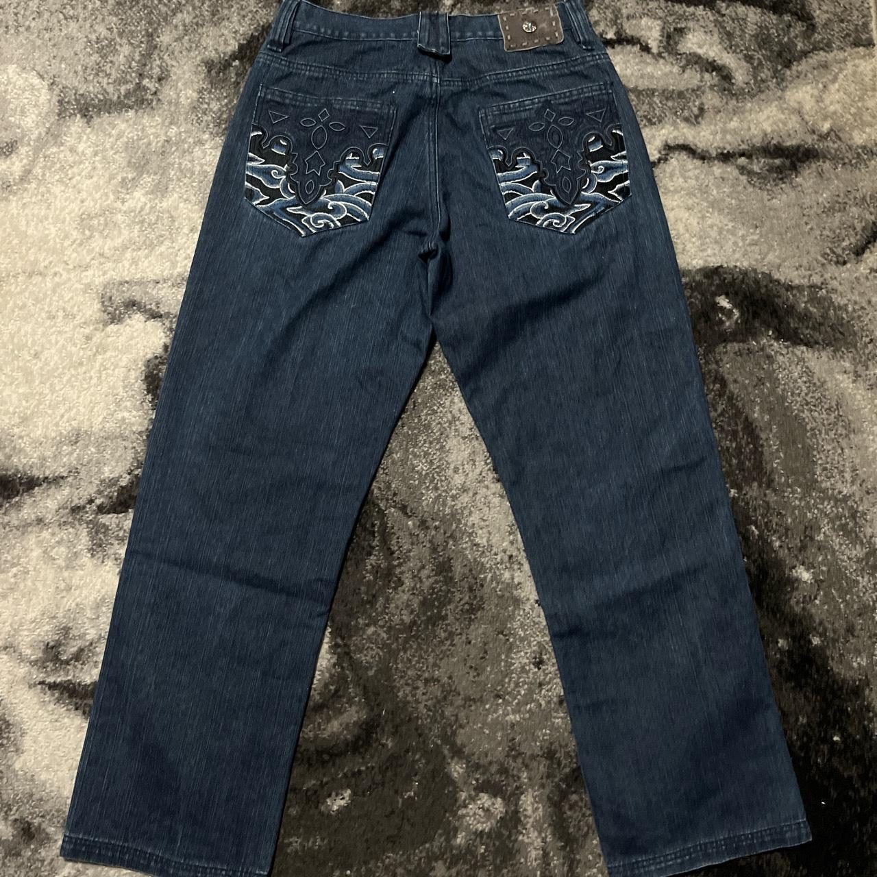 Y2K Antik Denim Embroidered Baggy Jeans Staining... - Depop