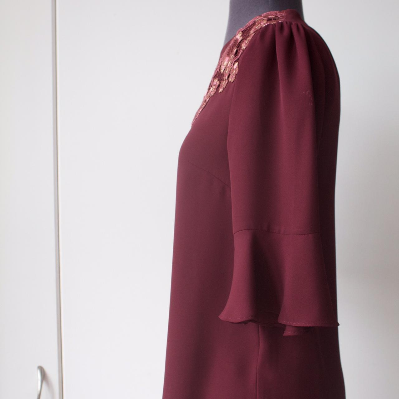 - burgundy blouse with gorgeous pink and gold floral... - Depop