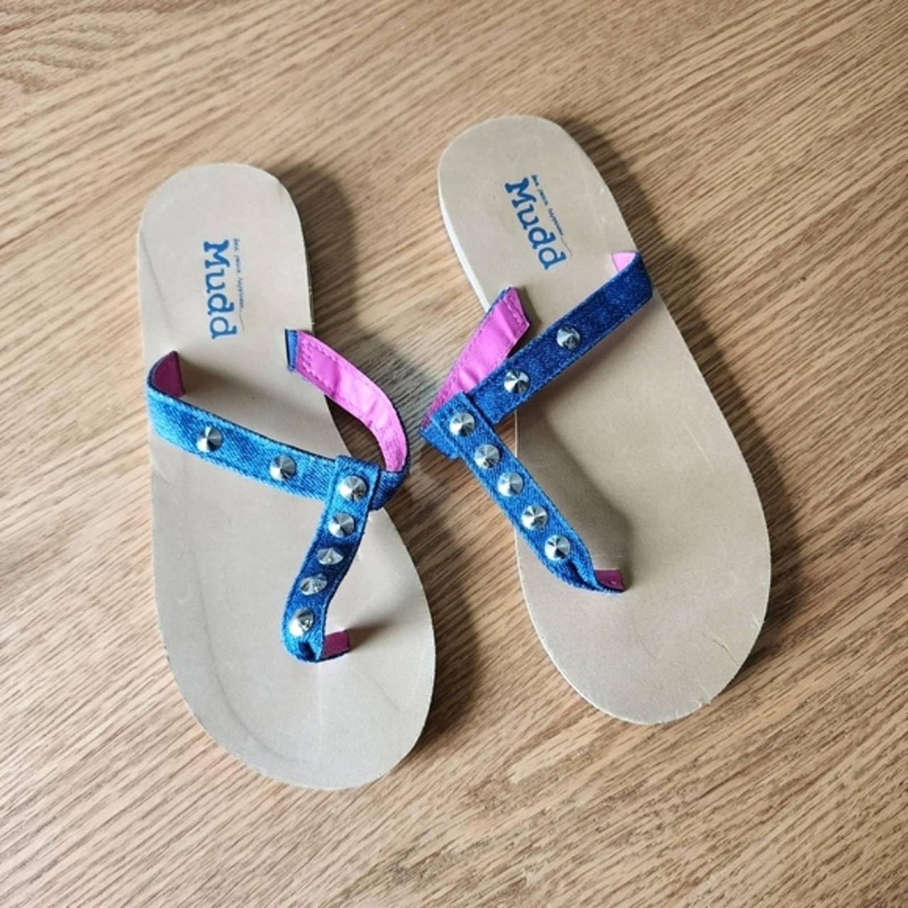 Blue Flip Flops Fashion. Woman Wear Blue Sandals And Blue Jeans