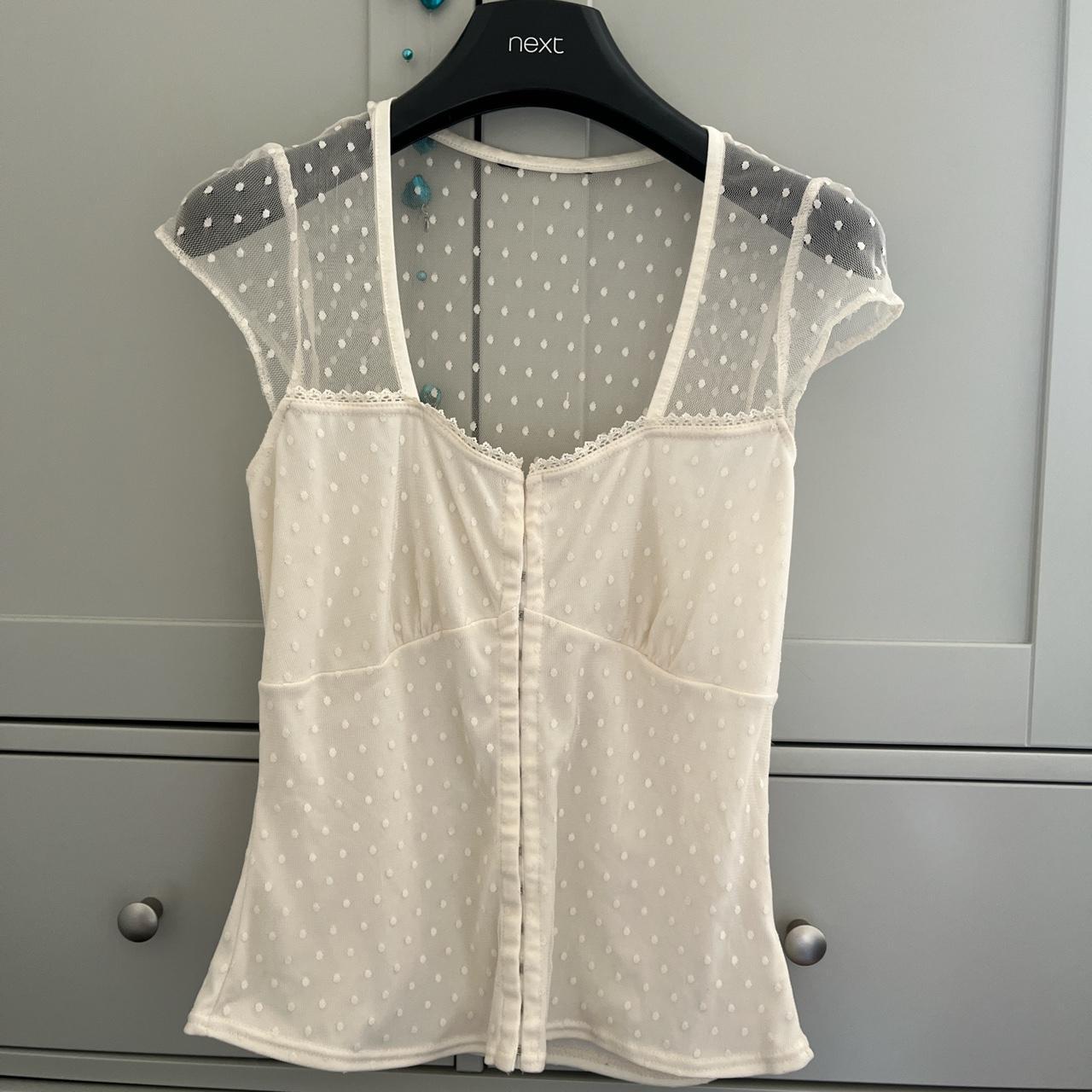 cream mesh and polka dot corset/blouse Fits an 8-12... - Depop