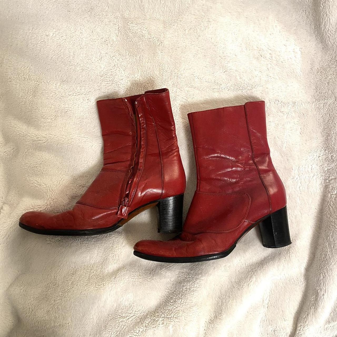 vintage red heeled leather boots made in italy, size... - Depop