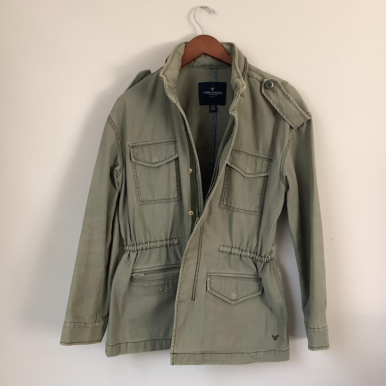 American Eagle women s green military jacket. Hood. Depop