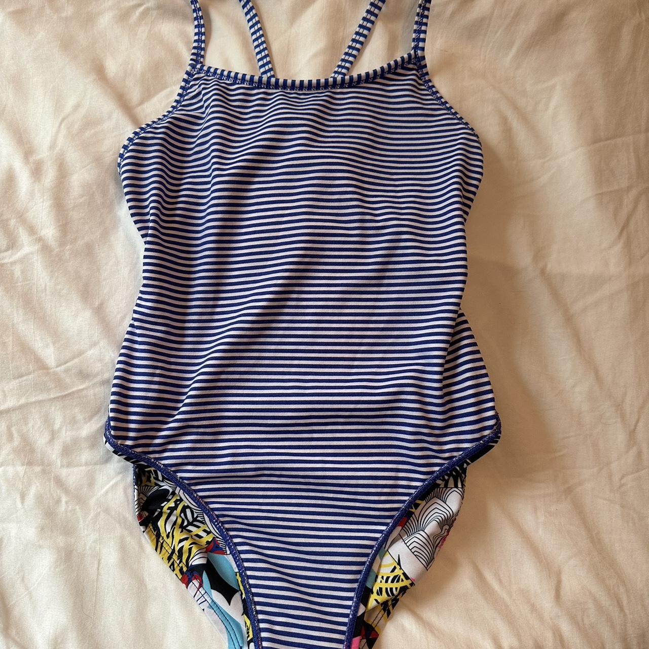 blue and white striped reversible one piece swimsuit... - Depop