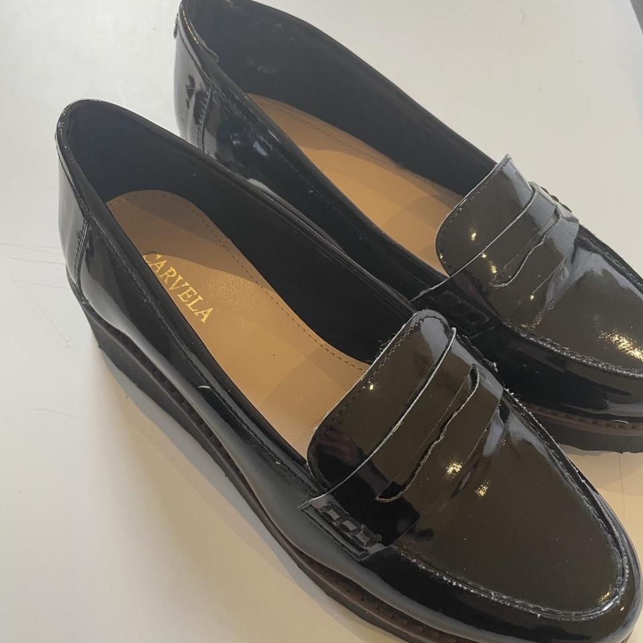 Black patent leather Carvela loafer shoes. Size 3.5.... - Depop