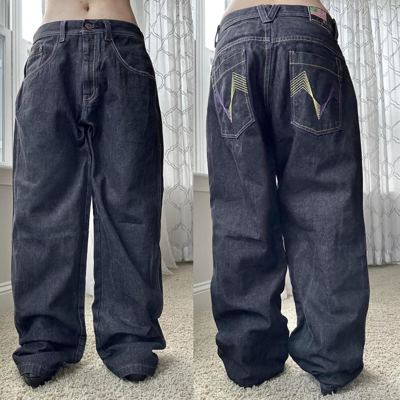 Rare, Vintage black charcoal, baggy jeans with neon... Depop