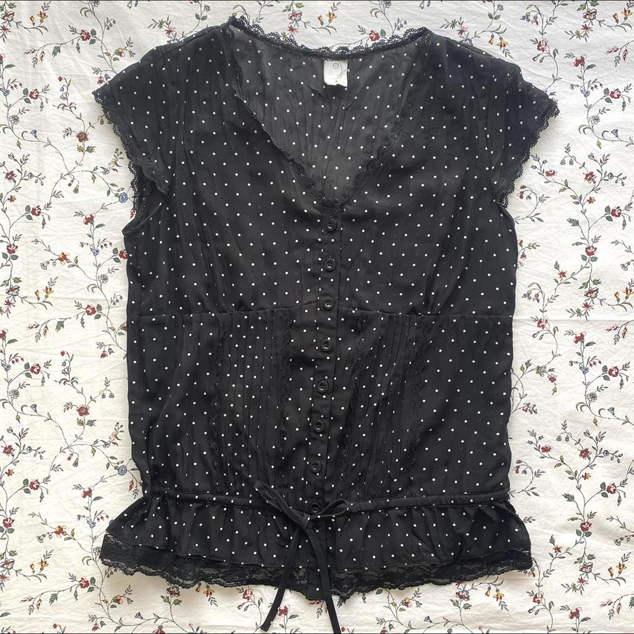 Early 2000s coquette black and white polka dot lace... - Depop