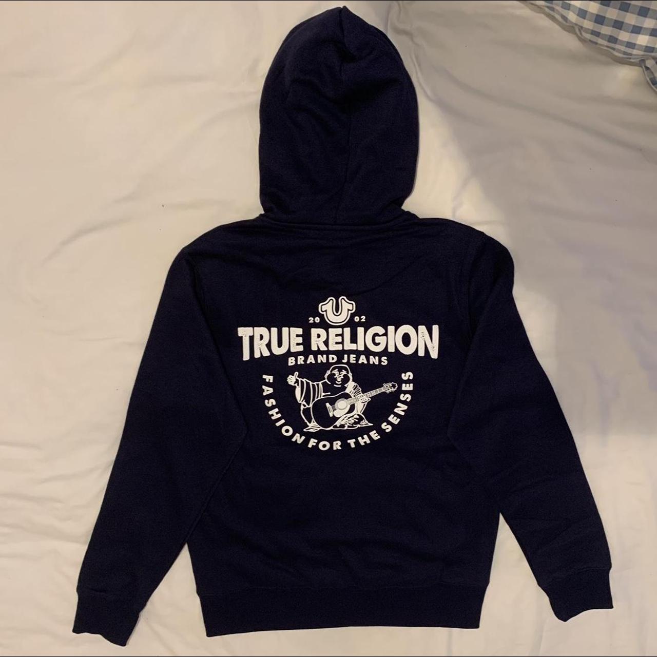 True Religion navy blue zip up hoodie Brand new... - Depop