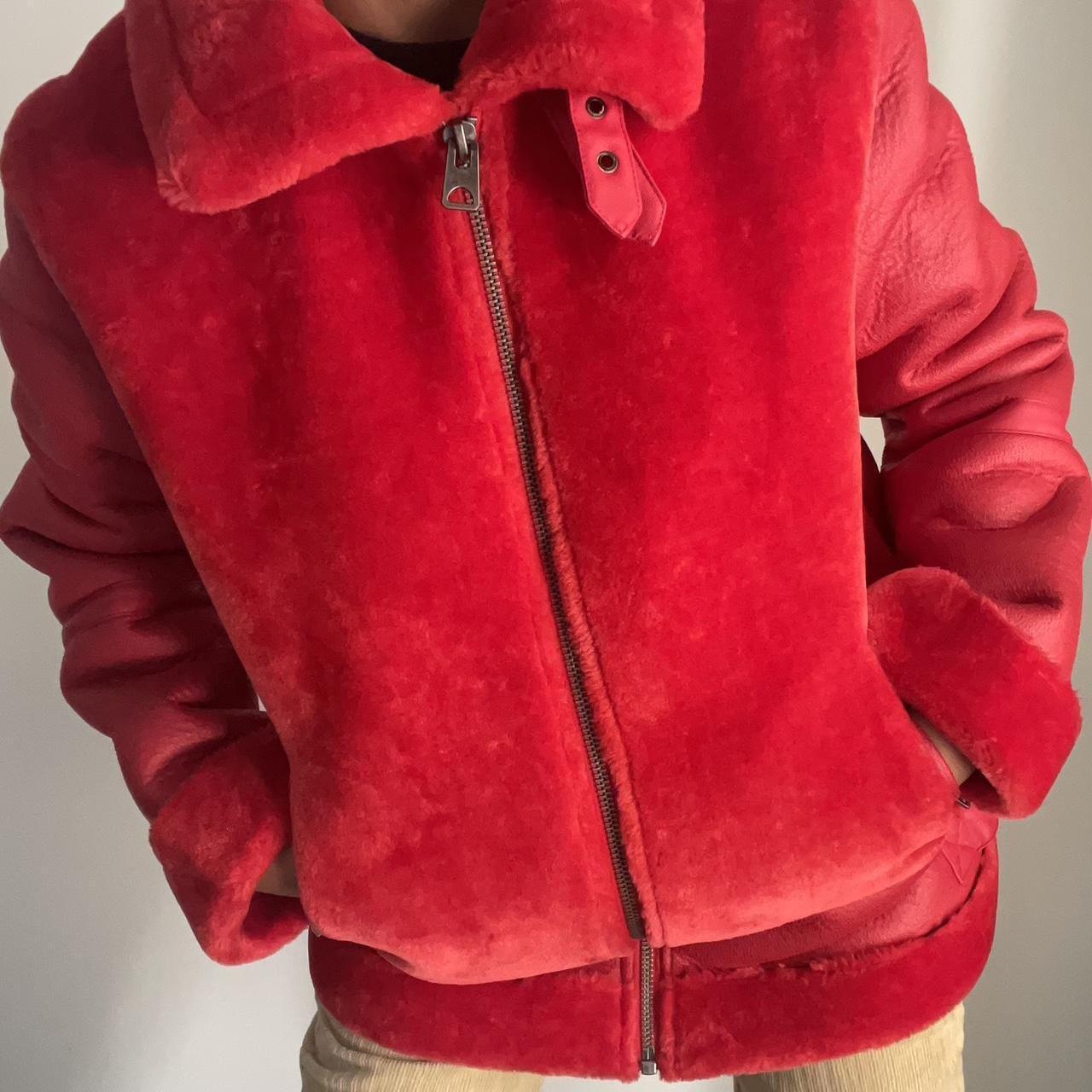 y2k leather faux fur red jacket brand new with tags... - Depop