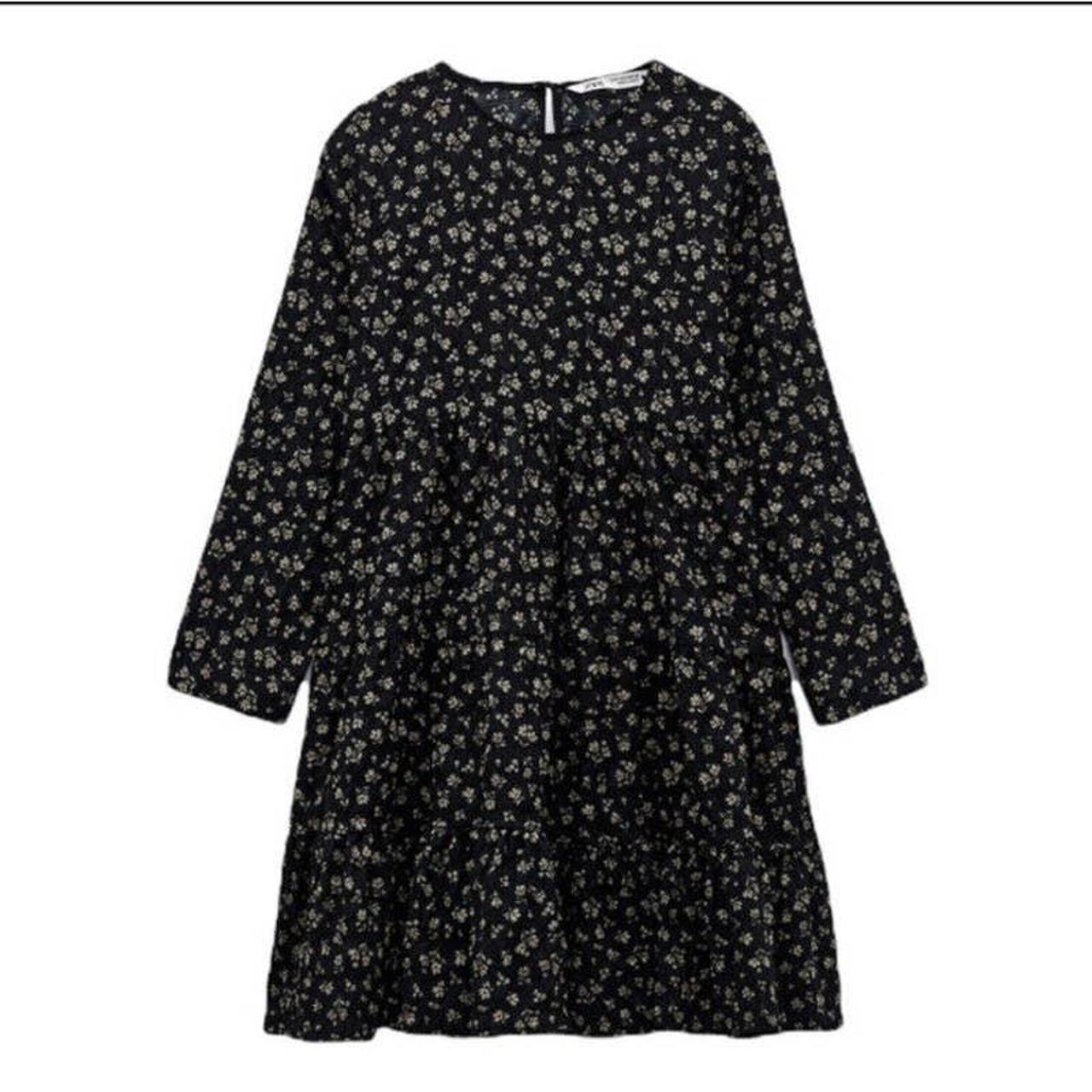 Zara Black Ruffle Floral Swing Babydoll Mini Dress... - Depop