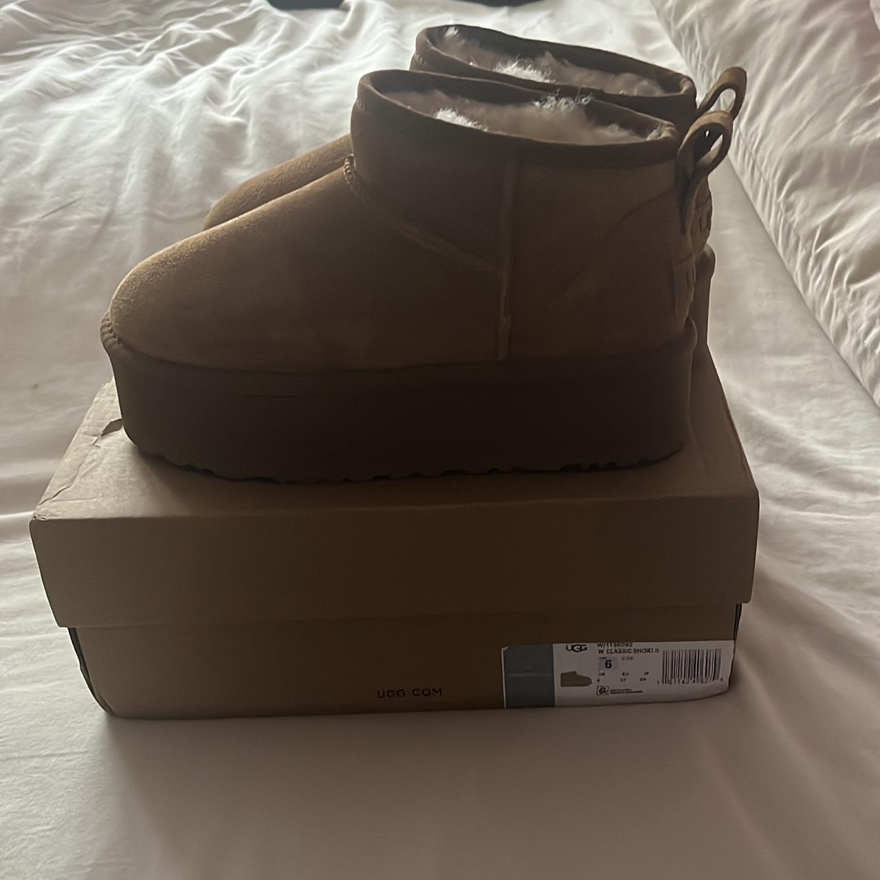 Tan suede ultra short platform boots. New with a box - Depop