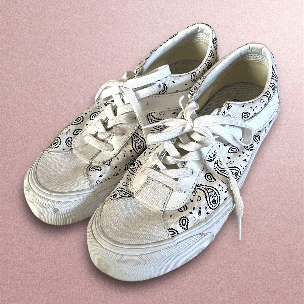 White Vans Sneaker With Black Paisley Design Women. Depop