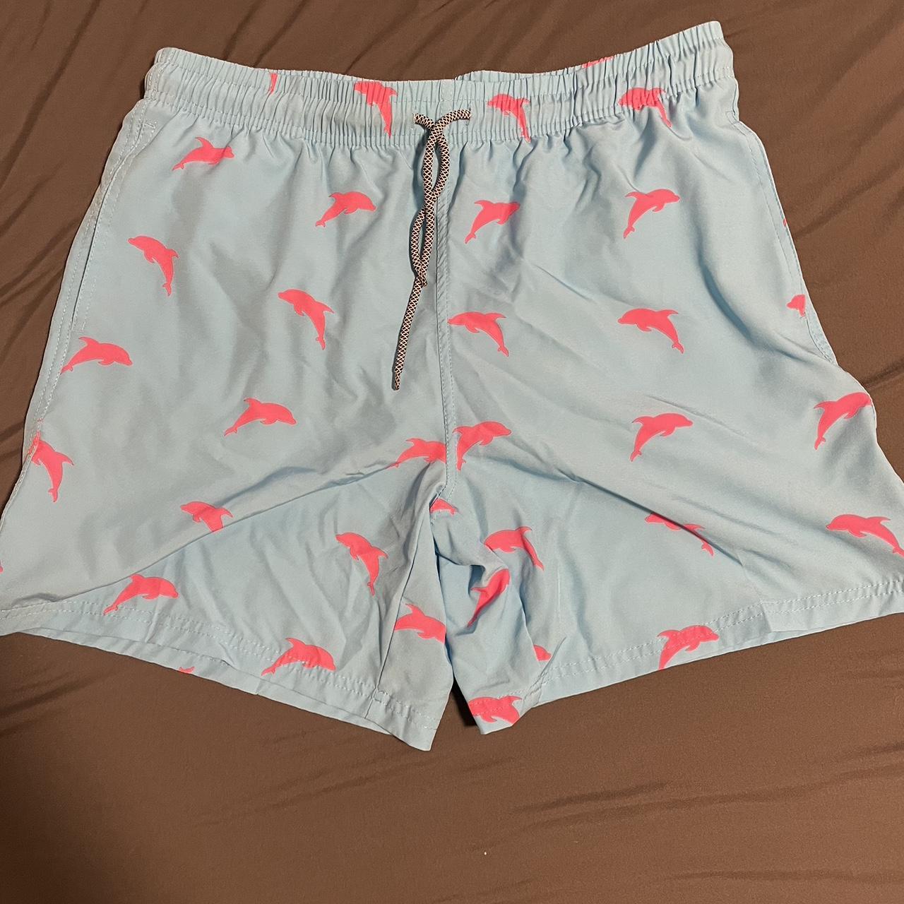 Pink and blue dolphin swim trunks Men’s size large - Depop