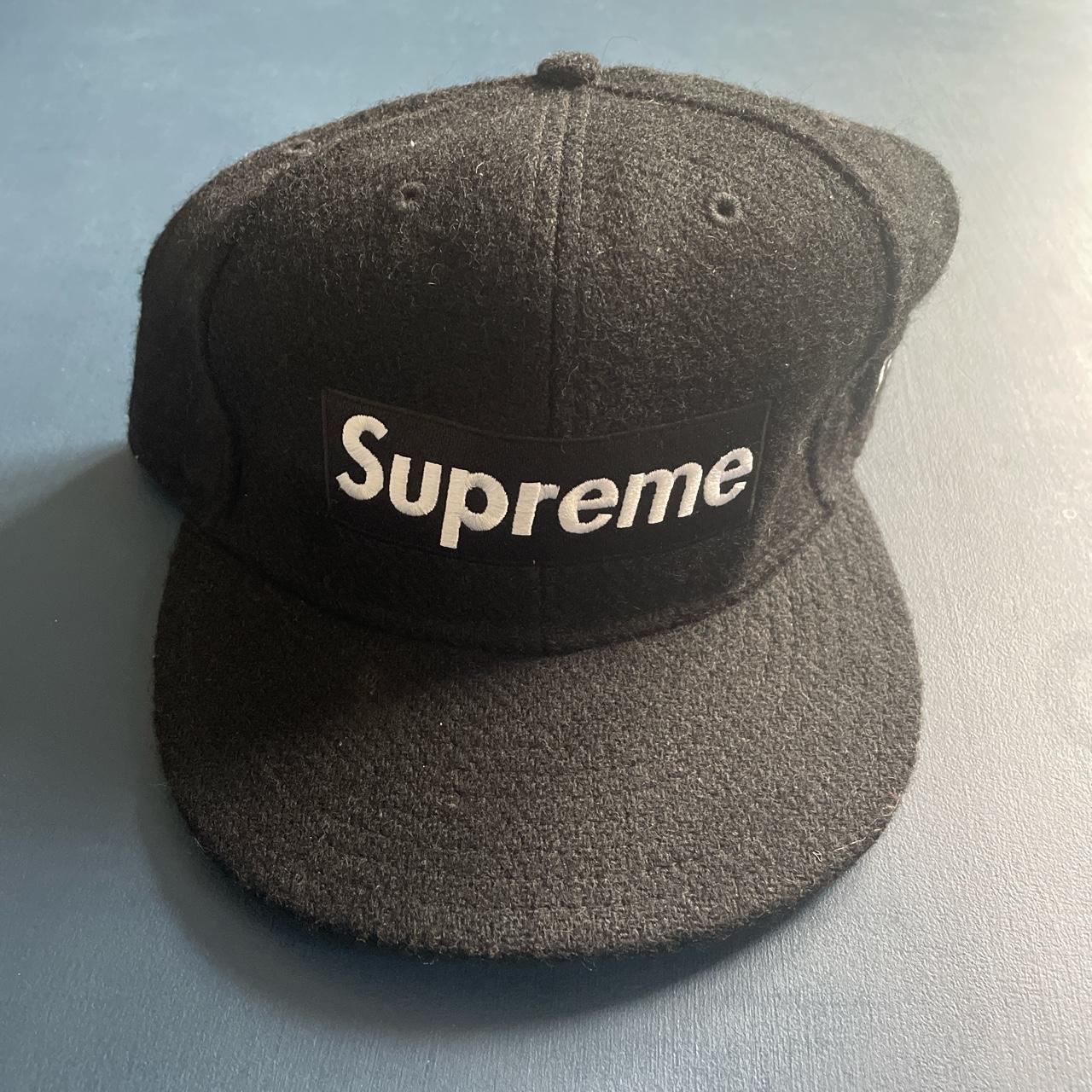 Supreme, New Era Hat Fitted Mens 7 3/8 Black White... - Depop