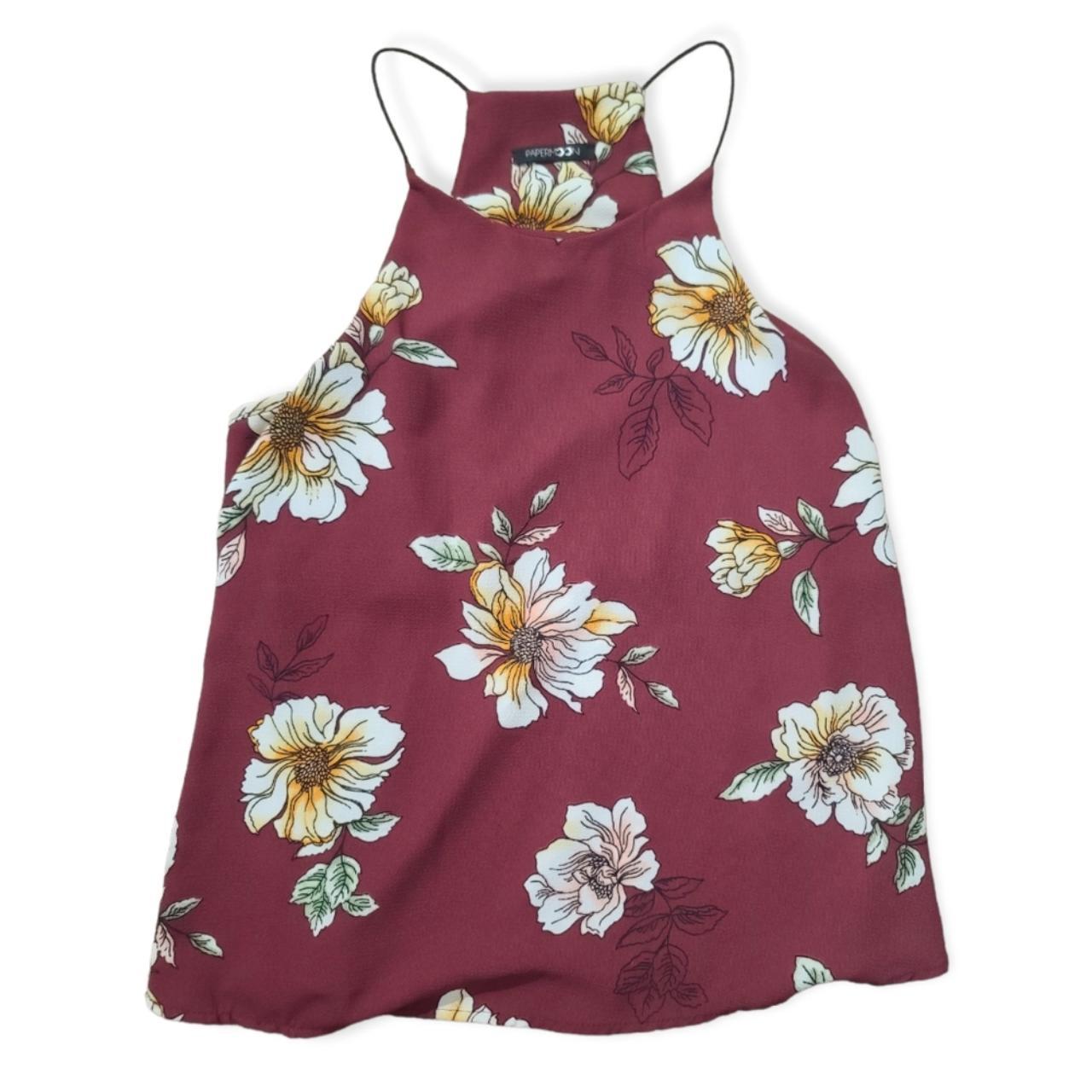 PaperMoon | Burgundy Floral Top Sz M Halter style - Depop