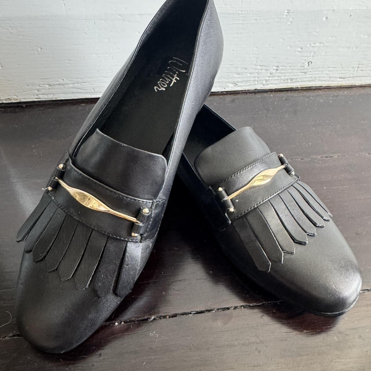 Black loafers with gold accents and fringe detail.... Depop