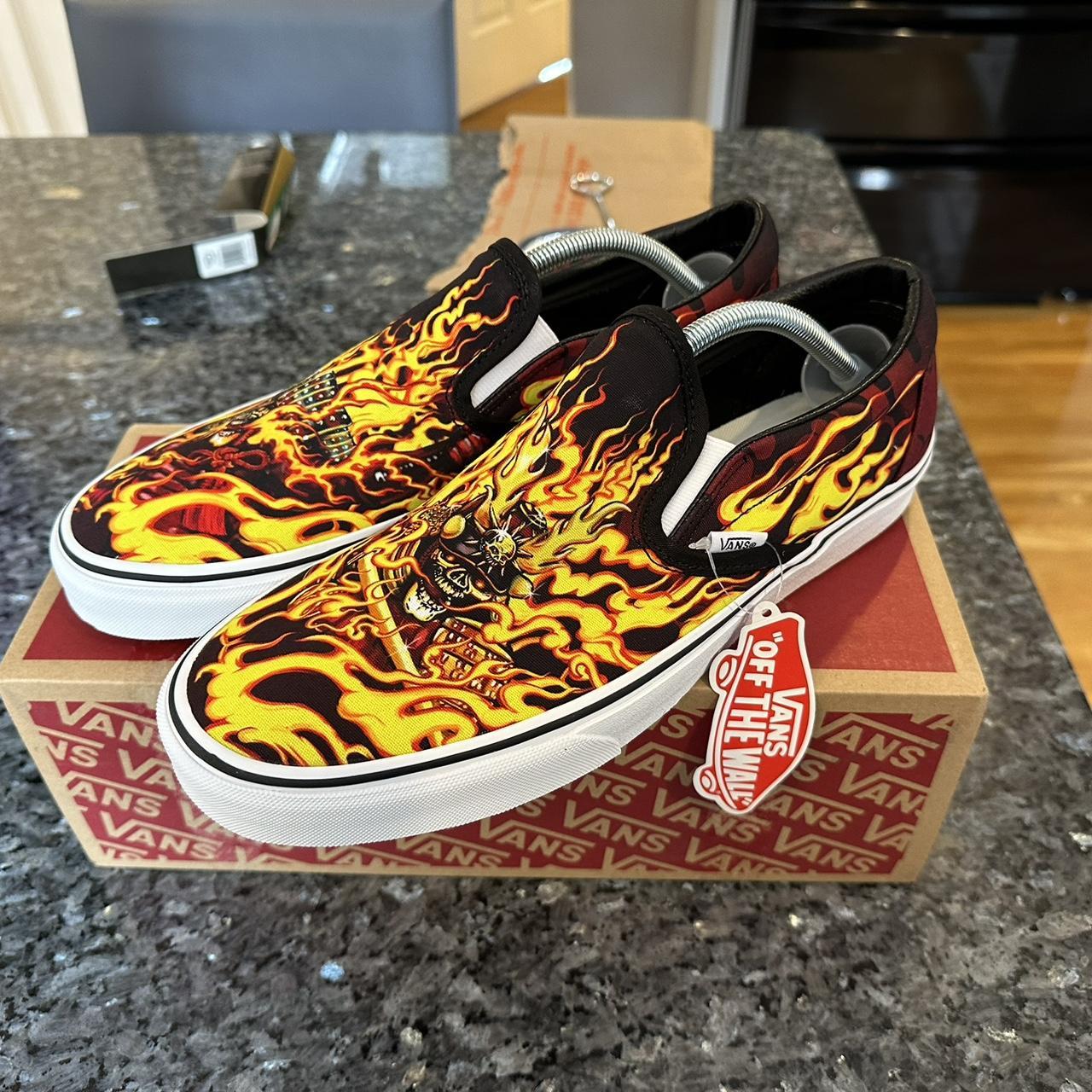 Vans crazy flame skeleton slip ons never worn in OG... - Depop