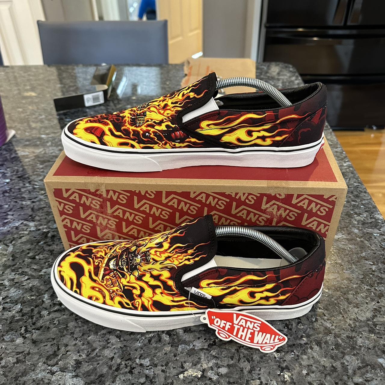 Vans crazy flame skeleton slip ons never worn in OG... - Depop