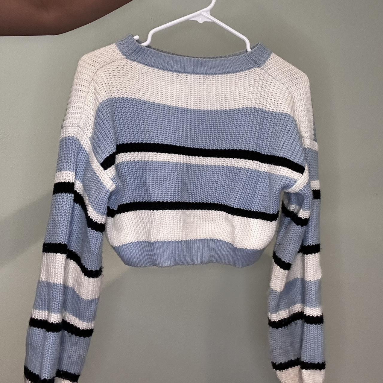 blue white and black striped cropped sweater fits... - Depop