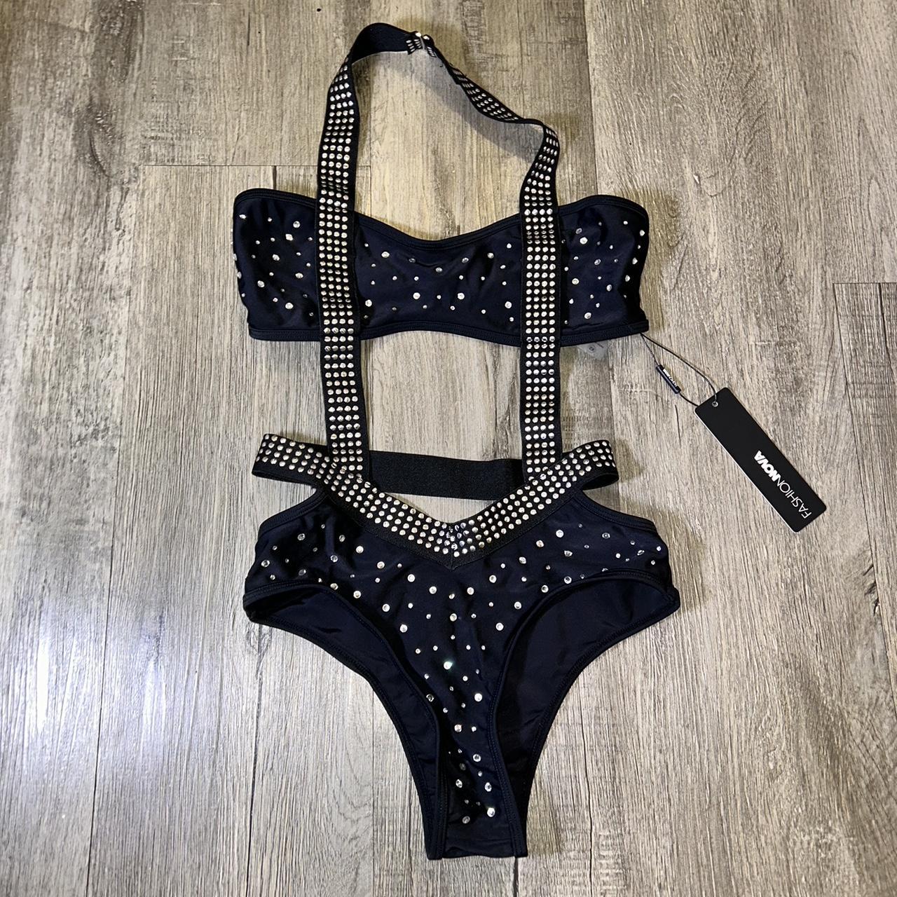 Black Cutout Rhinestone Piece Swimsuit High Cut Leg Depop
