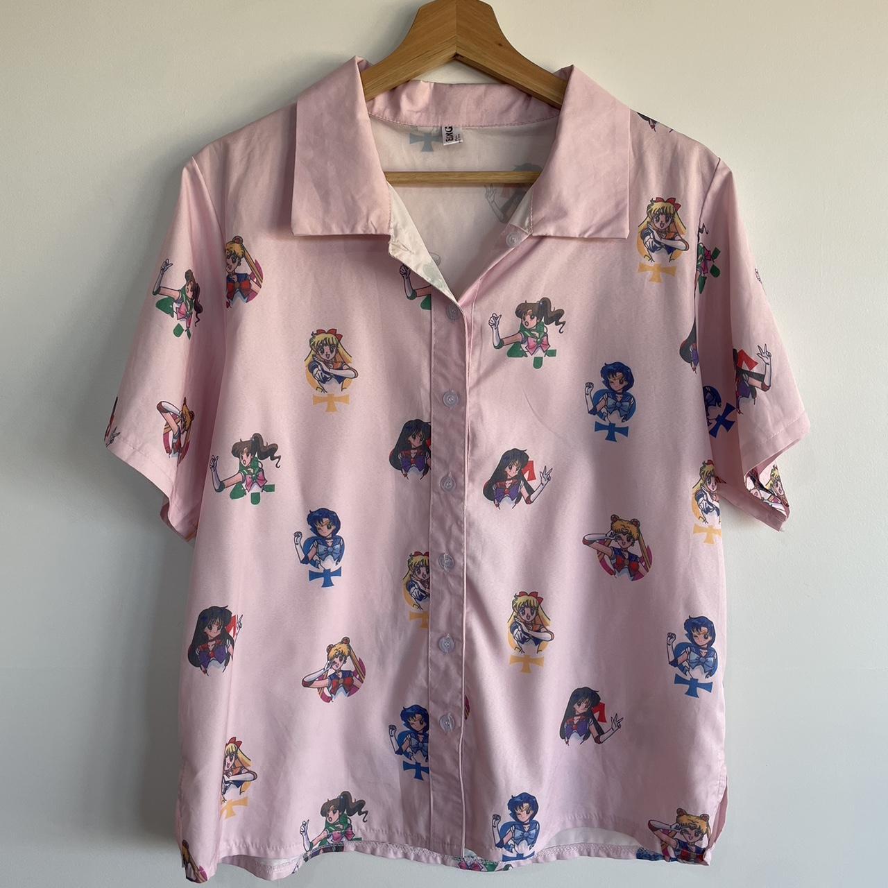 Pink Sailor Moon Print Button Up Shirt Size M Approx... - Depop