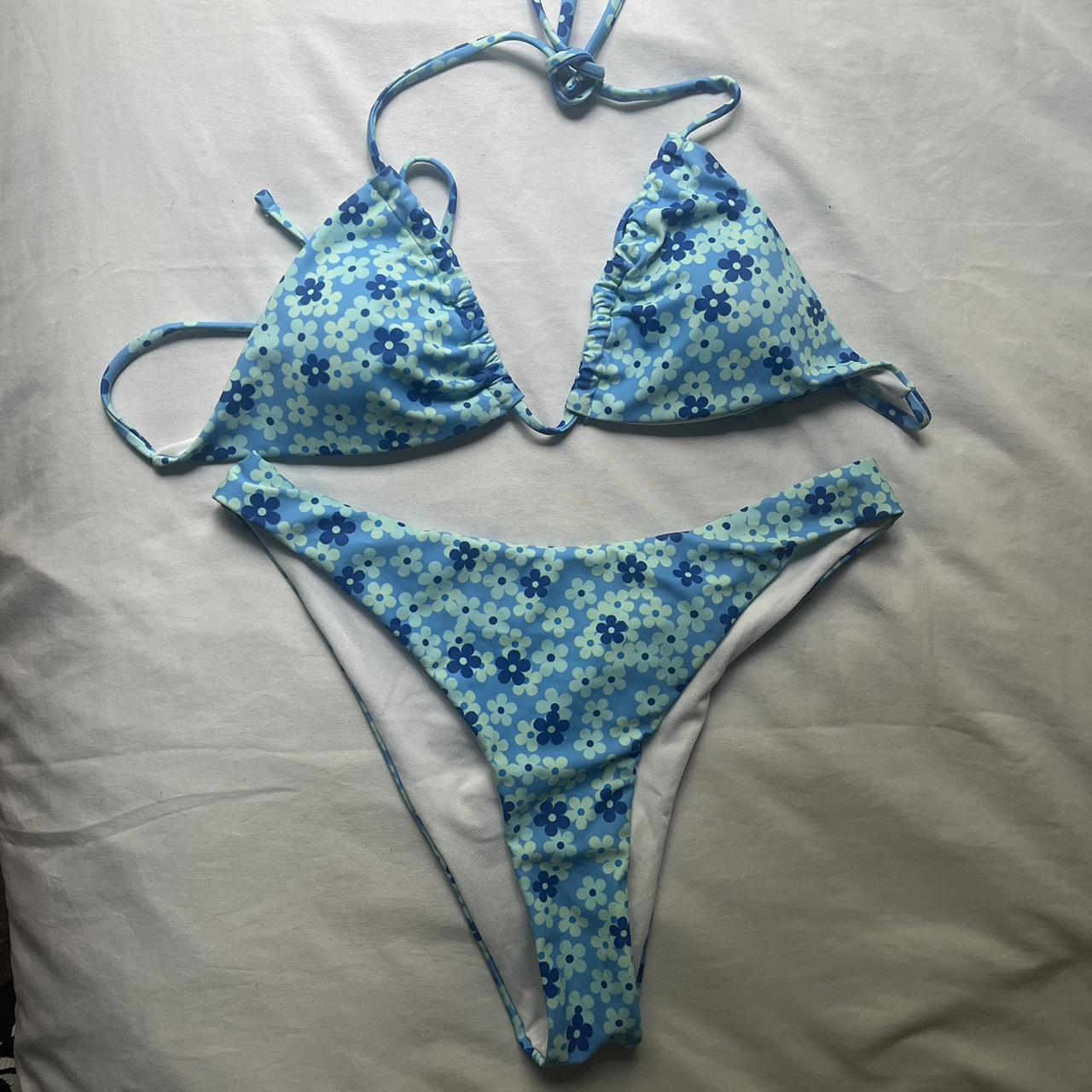 Blue Floral Triangle Bikini Shein Small Never Worn - Depop