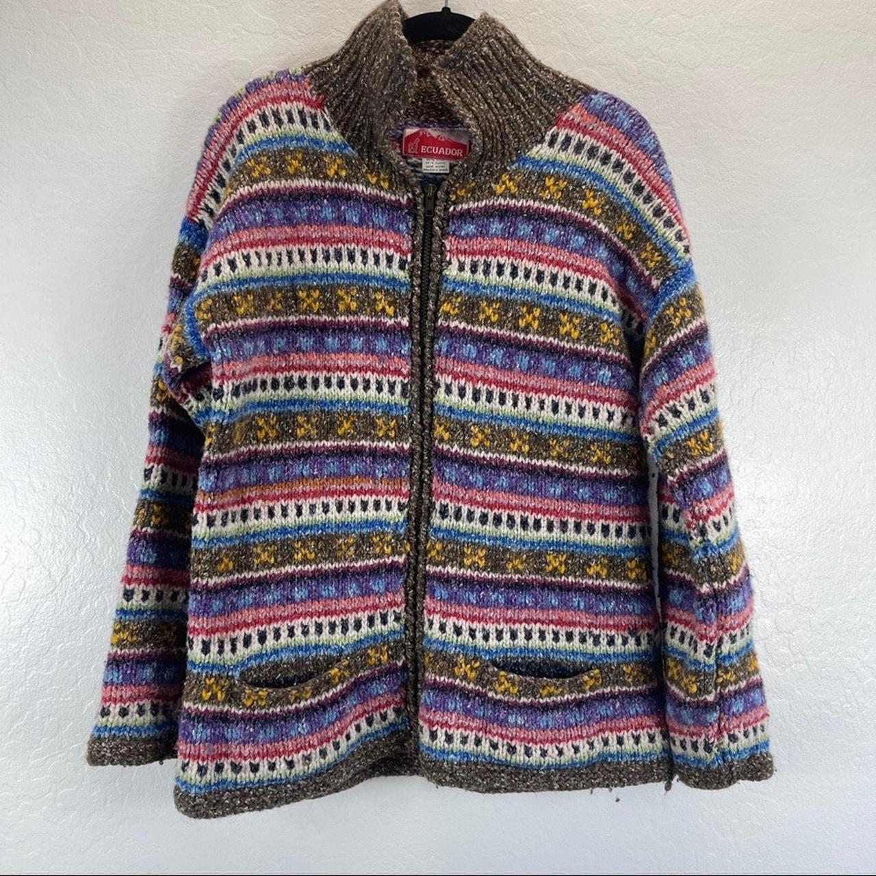 Handknit Ecuador Cardigan Zip Up Sweater factory Front Pockets OOAK