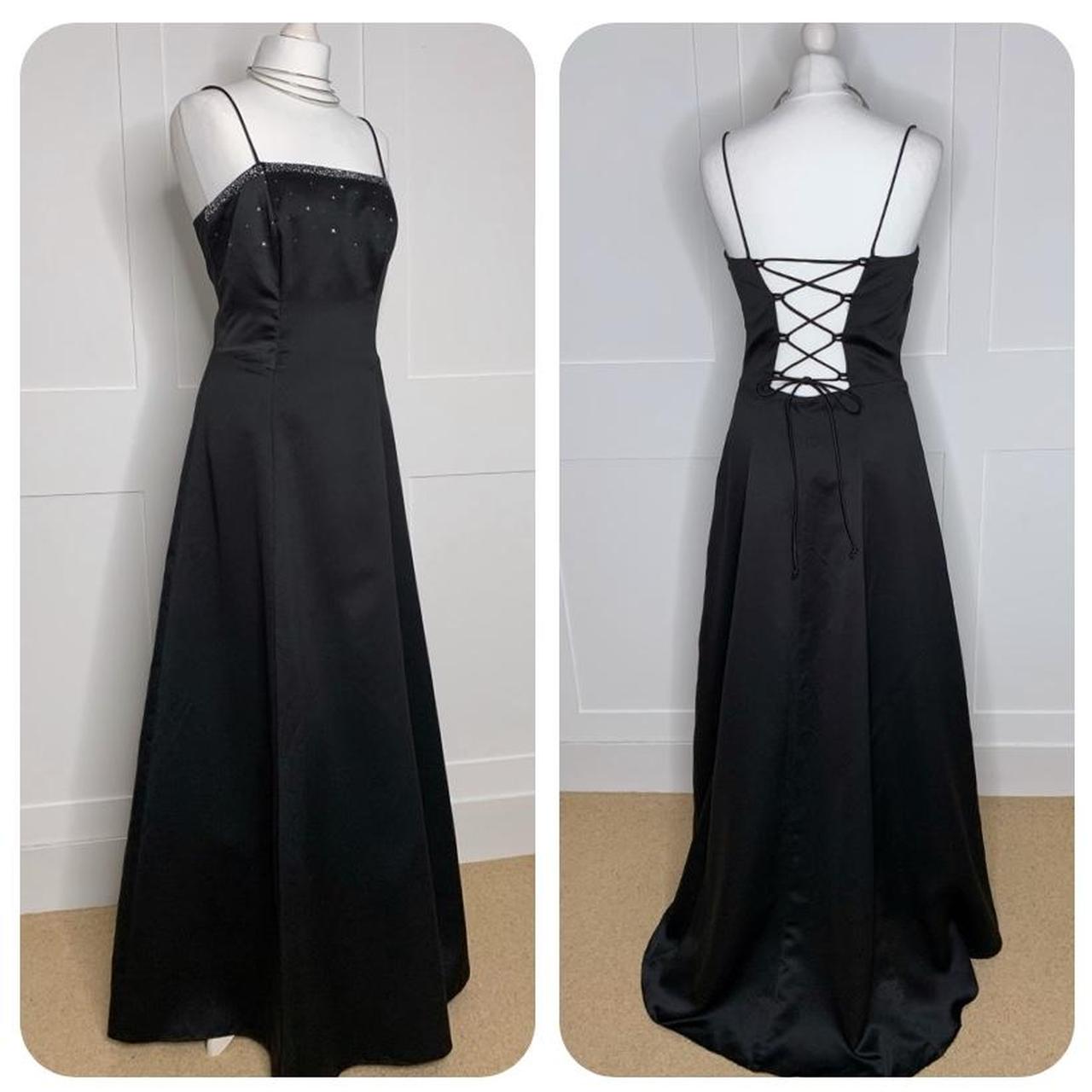 Vintage prom dress, 1990s retro black satin, lace up... - Depop