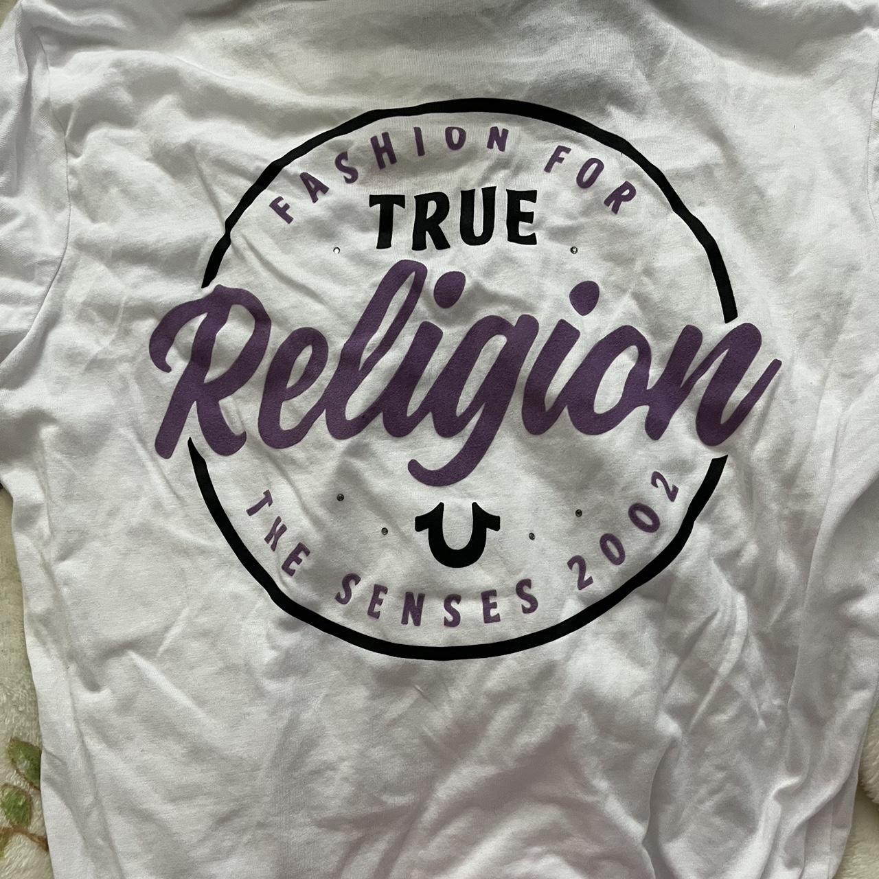 white and purple true religion shirt