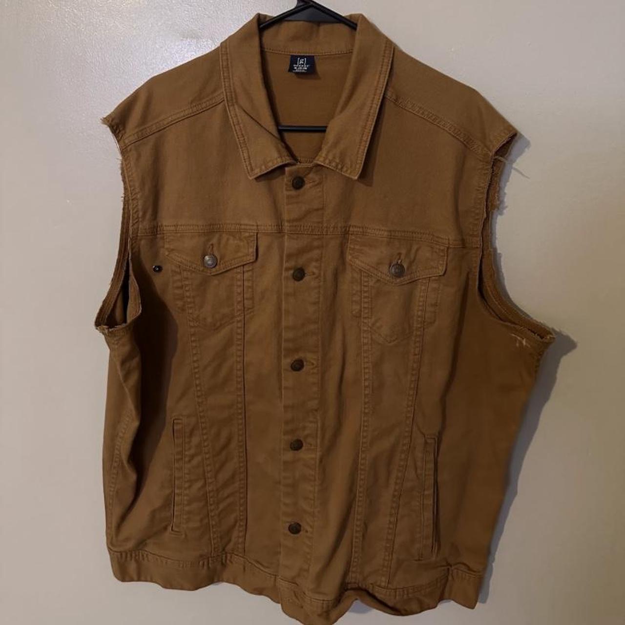 Tan Denim Button Down Vest I cut off the sleeves of... - Depop