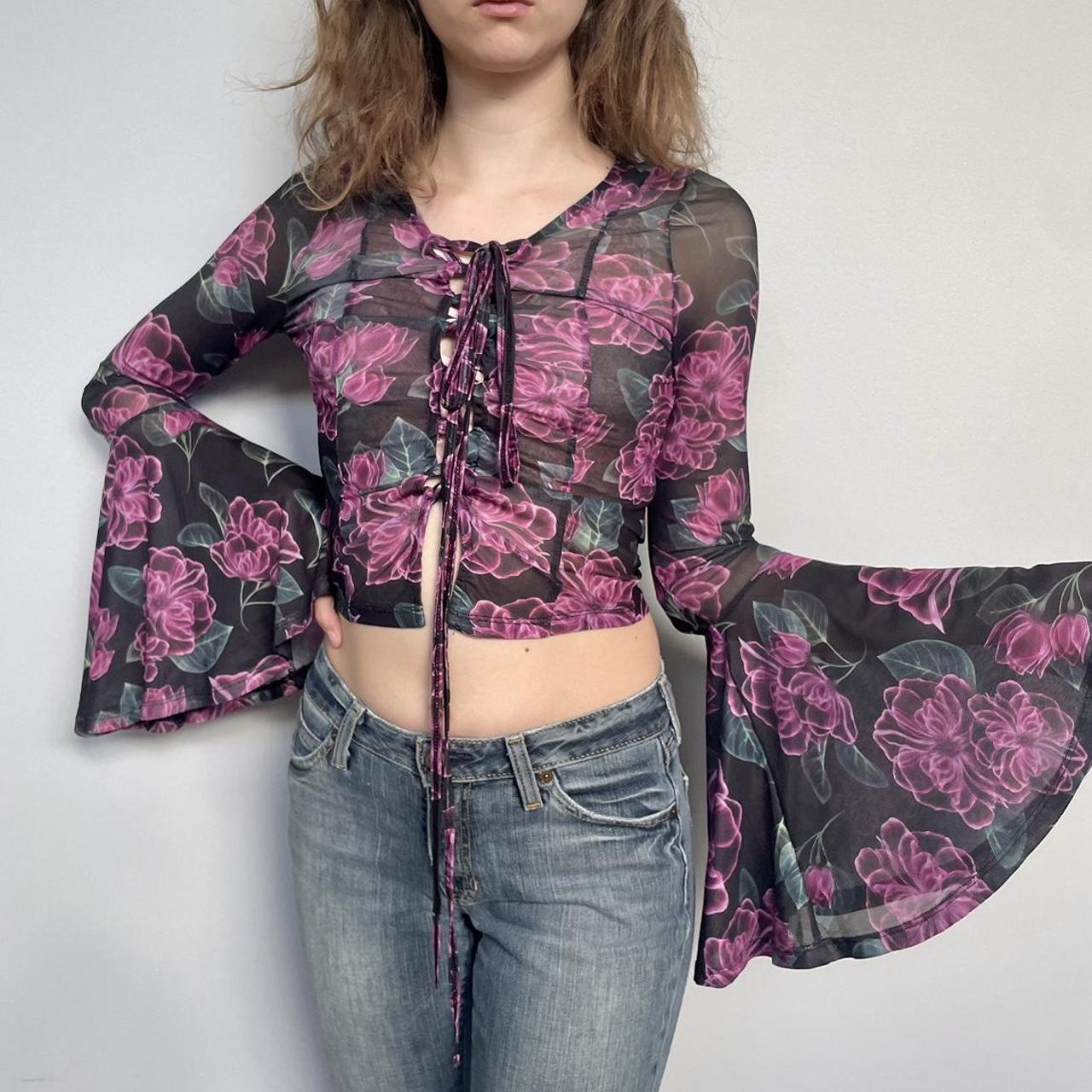 Dolls Kill floral sheer bell sleeve crop top... Depop