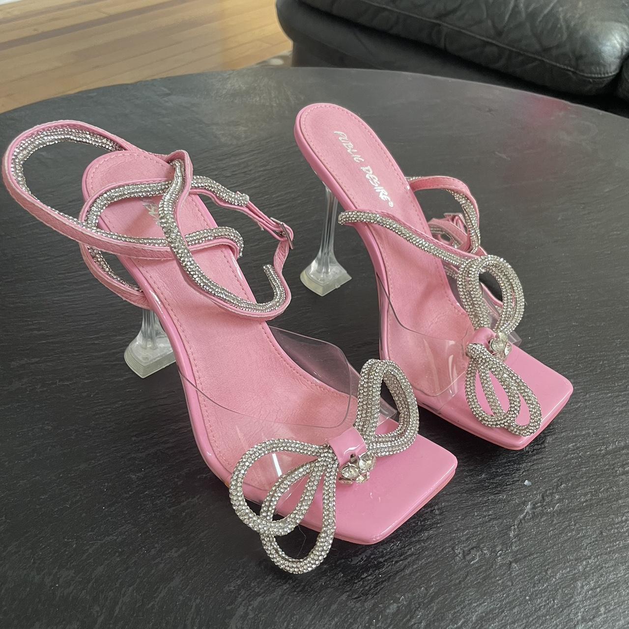 Public Desire Exclusive Heeled Shoes with Rhinestone Bow Detail in Shocking Pink