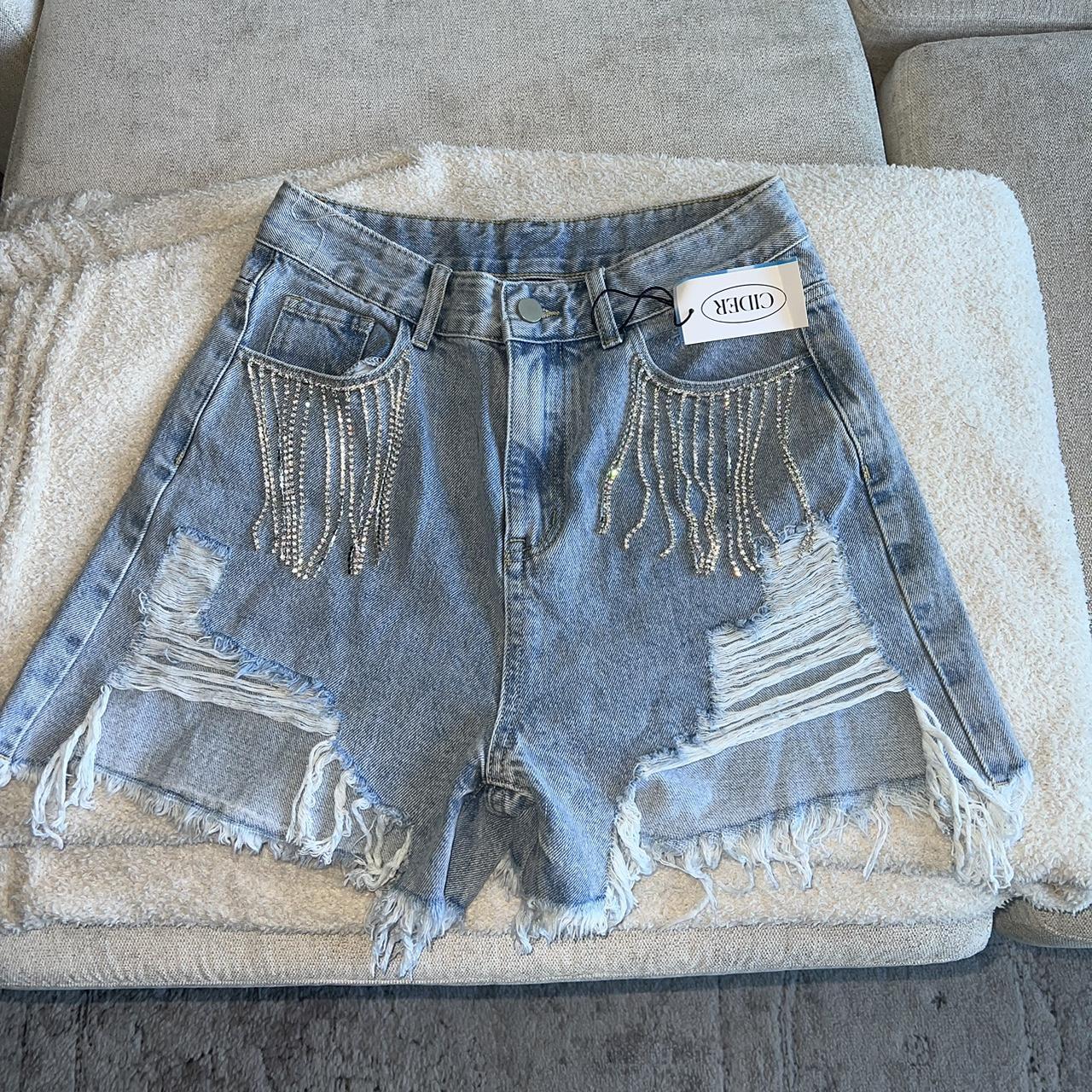 Distressed jean shorts with diamond rhinestone... - Depop