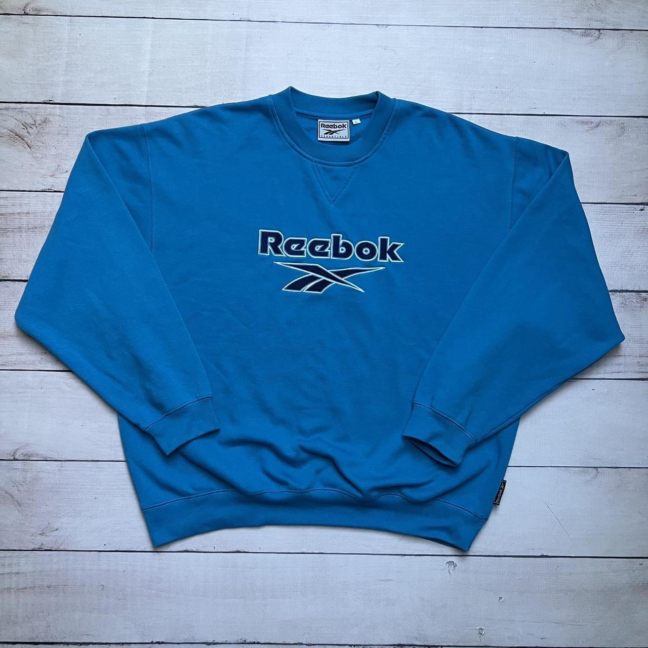 Reebok Sweatshirt Vintage Baby Blue Big Logo... - Depop