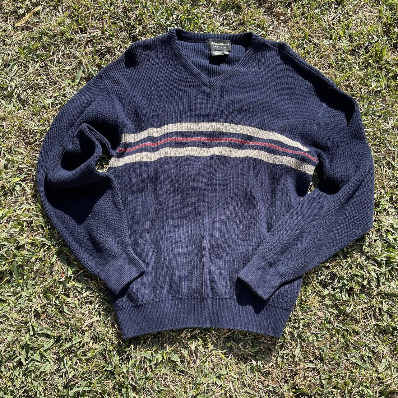 Eddie Bauer Stripped V Cardigan color navy blue... - Depop